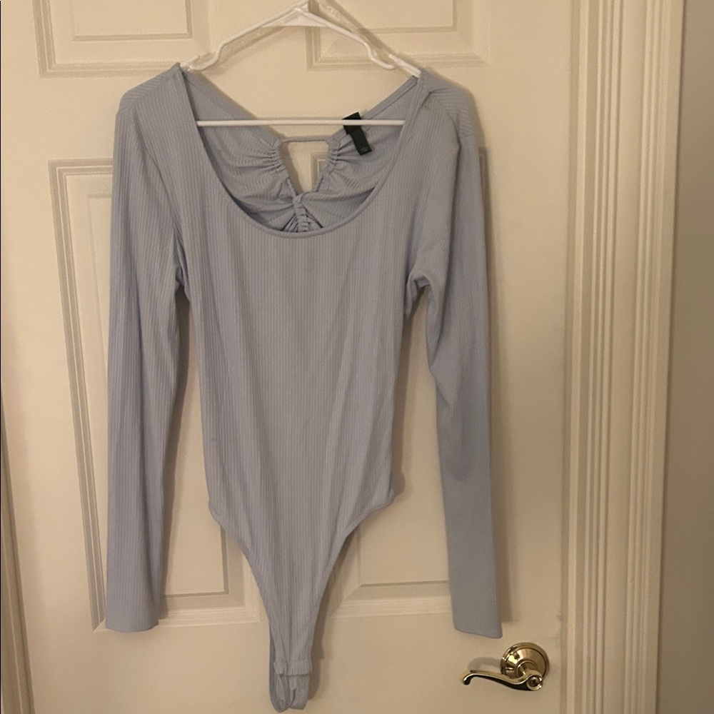 Wild Fable Light Blue Ribbed Long Sleeve Open Back Thong Bodysuit